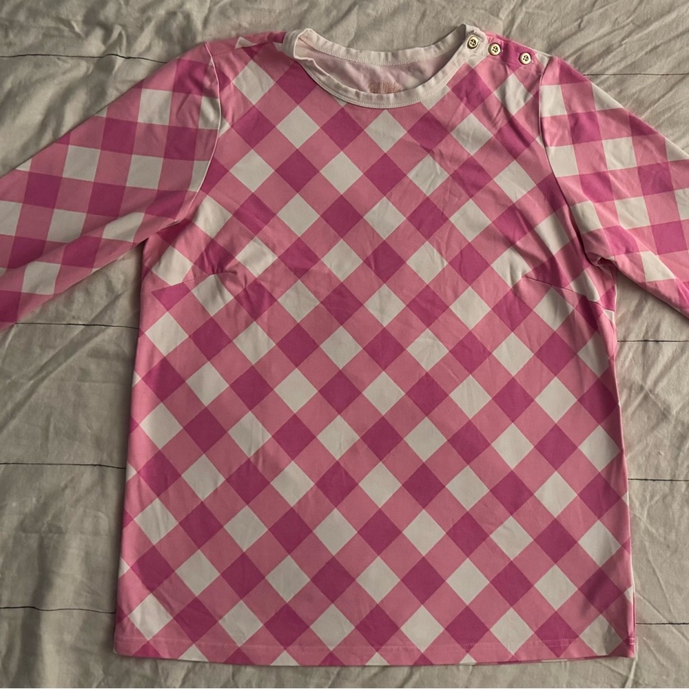 Bob Mackie Wearable Art Size M Pink and White Checkered Long Sleeve Shirt